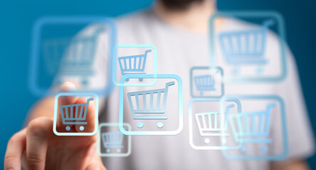 Person interacts with virtual shopping carts, symbolizing online shopping and e-commerce.