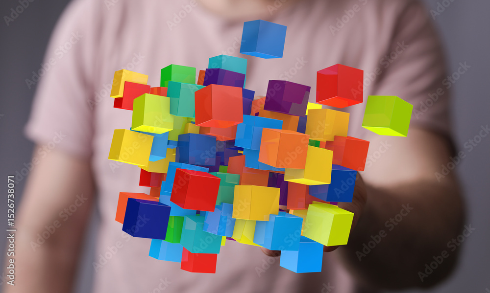 Poster abstract image of colorful cubes, symbolizing innovation, creativity, and problem-solving.