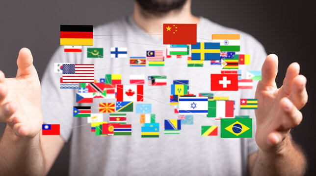 Flags of the world interconnected, symbolizing global collaboration and communication.