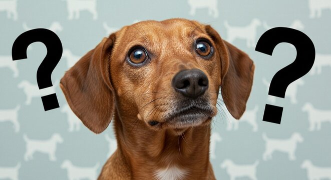 Confused dog surrounded by question marks, expresses quizzical and inquisitive emotion on patterned backdrop.