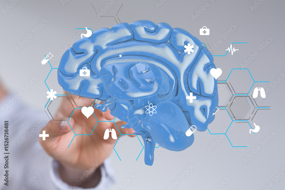 Aufkleber high-quality image of a 3d brain model with various medical icons. perfect for healthcare and medica