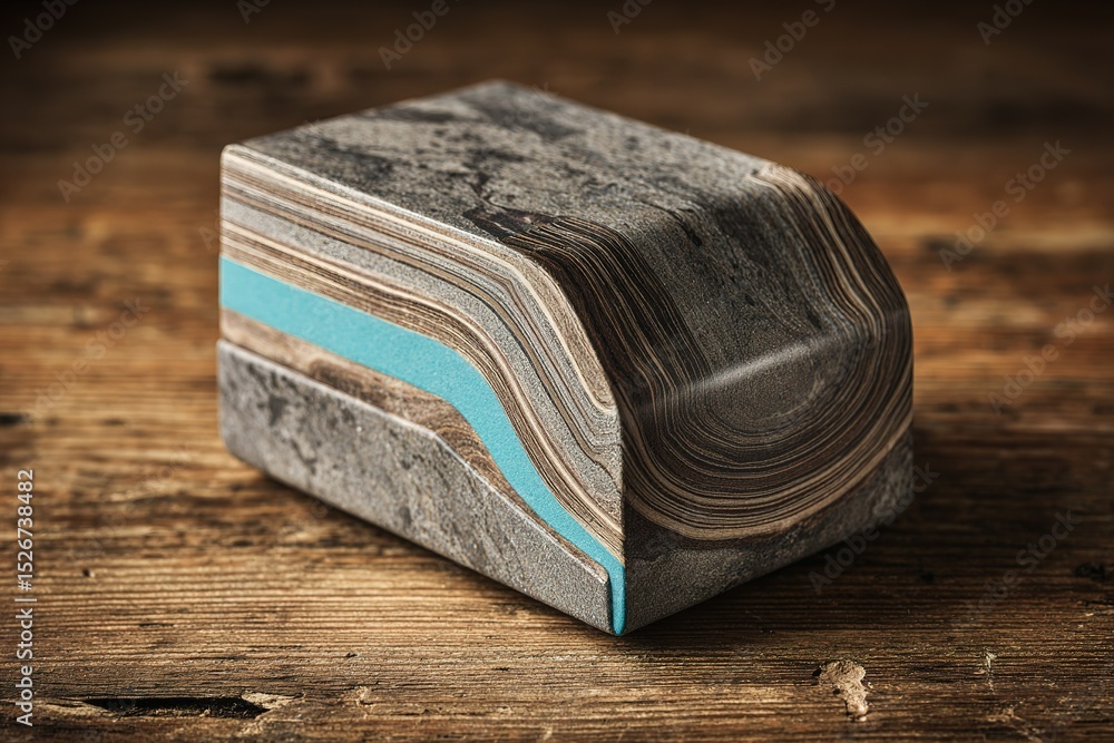 Poster unique block of patterned stone showcasing contrasting colors and textures on a wooden surface