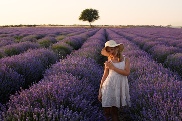 Little girl in summer dress and straw hat standing in lavender field at sunset. Peaceful childhood...