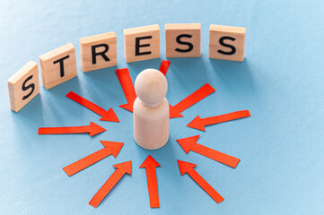 Stress concept and stressed person. Wooden figure with red arrows pointing to it, and the word stress composed with wooden alphabet.