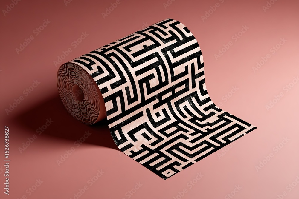 Poster creative geometric maze pattern on a roll of decorative paper with a soft pink background