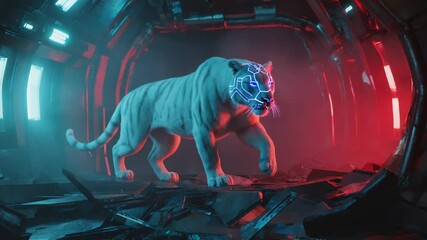 In a lush bioluminescent jungle shattered moon, white tiger glowing tribal markings roars cosmic energy sky. Vines twist neon flowers bloom dark black smoke rises ritual fire dreamlike visuals vivid - Powered by Adobe