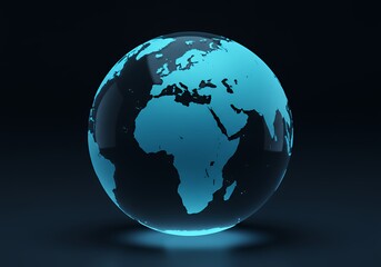 Futuristic glowing blue Earth globe highlighting Africa, Europe, and parts of Asia on a dark background
