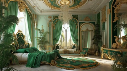 A grand hall with ornate gold accents and green walls. Luxurious interior design.