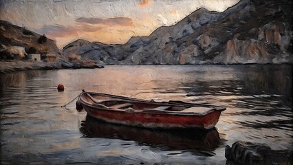 "Solitary Boat at Dusk in a Mountain Bay – Oil Painting"