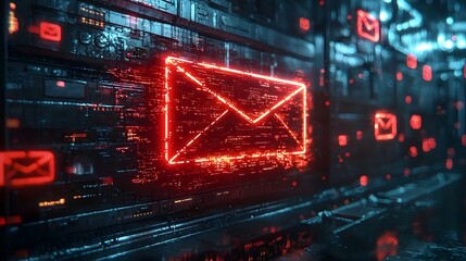 Obraz premium Cyberpunk inspired red email icon with glitch effects on a holographic screen