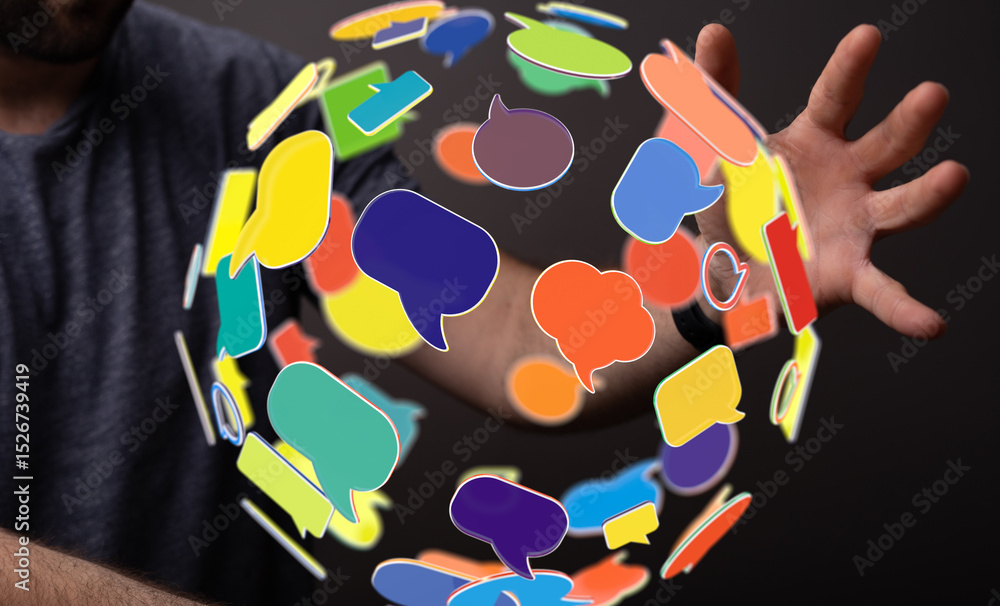 Poster Abstract image of colorful speech bubbles surrounding a hand, symbolizing global communication and social media.