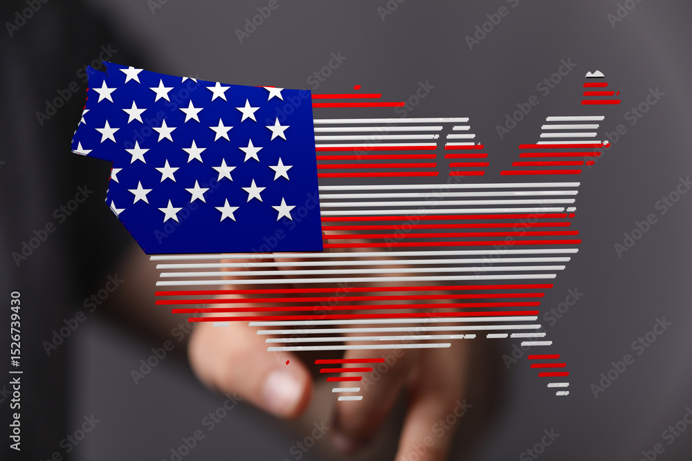 Poster patriotic digital art. american flag design in map shape. perfect for 4th of july.