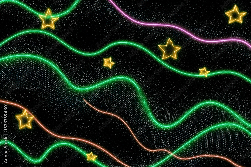 Poster bright neon stars and flowing lines create a captivating display against a dark background