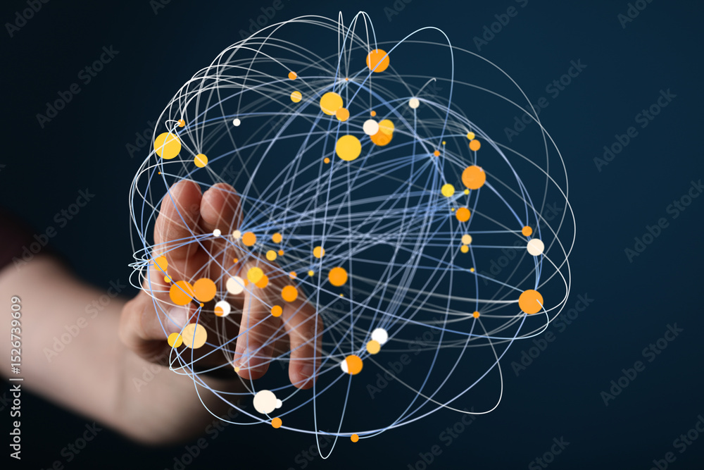 Aufkleber Abstract image depicting a hand interacting with a complex network of interconnected nodes, representing global communication or data flow.