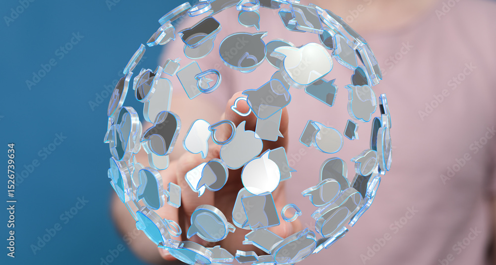 Poster Person interacts with a digital sphere filled with communication icons.  Represents global communication and networking.