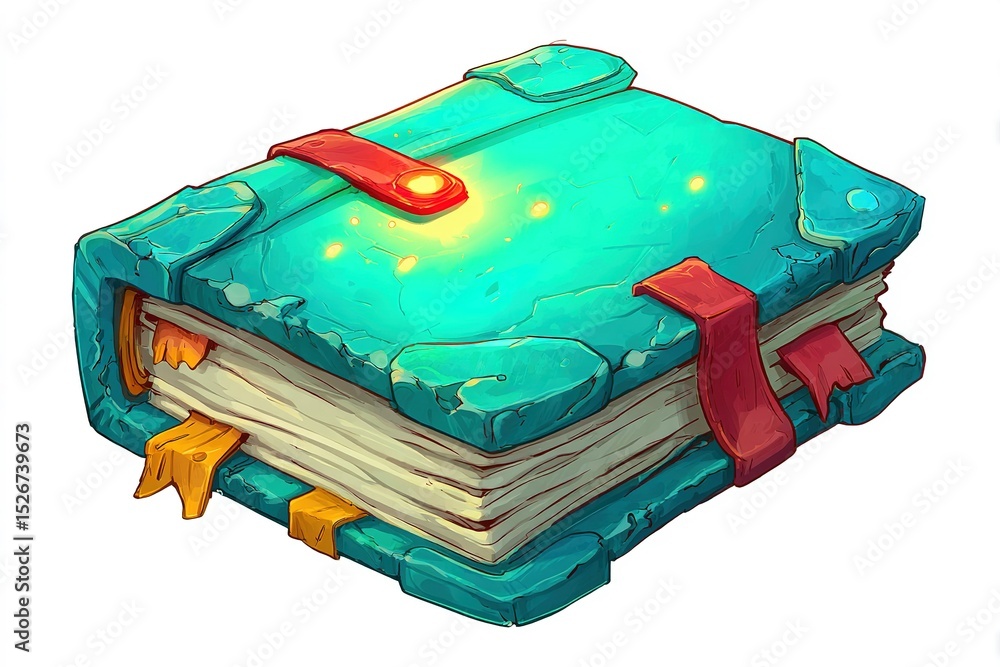 Poster brightly colored magical book with glowing elements resting on a surface in an imaginative setting