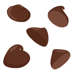 Set of various dark chocolate drops. Vector cartoon dropping chocolate chips. Dessert collection for food design, baking visuals, menu decoration, candy packaging, digital icons