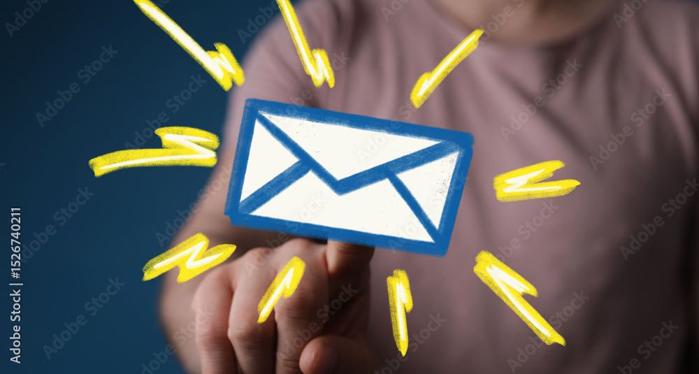 Poster hand pointing at a digital email icon, symbolizing new message alert or online communication.