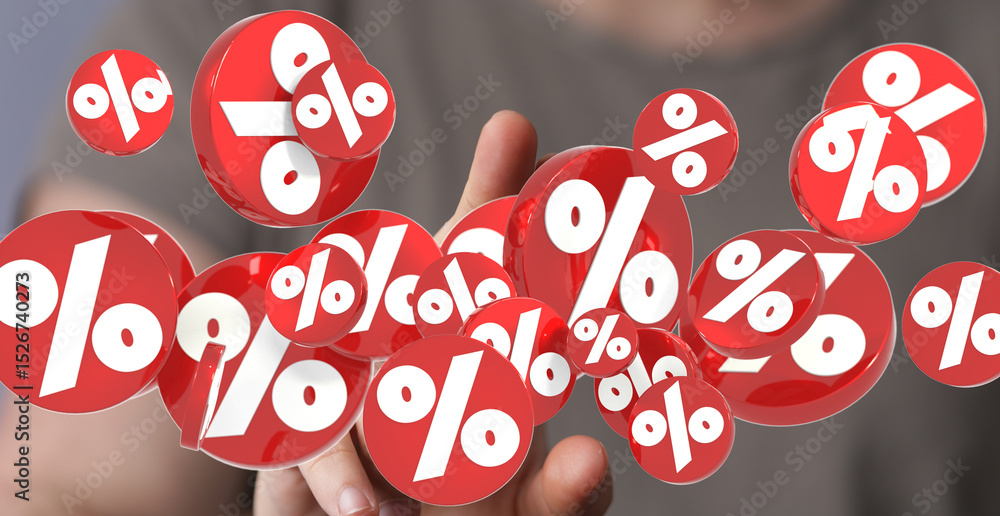 Poster 3d rendered image of red percentage symbols floating around a hand. perfect for sales, discounts, an