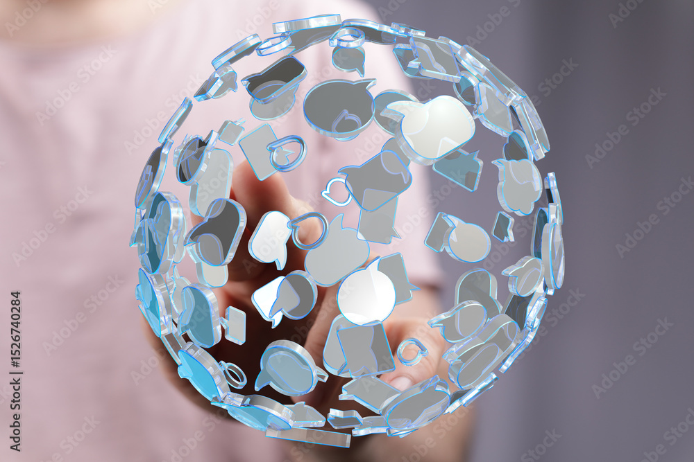 Aufkleber Abstract image of a sphere filled with speech bubbles, representing global communication and connection.