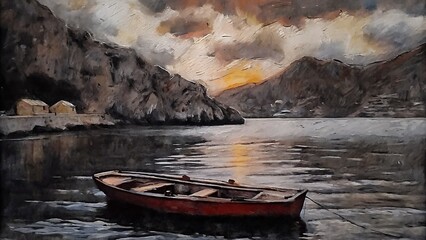 "Solitary Boat at Dusk in a Mountain Bay – Oil Painting"