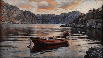 "Solitary Boat at Dusk in a Mountain Bay – Oil Painting"
