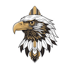 Majestic eagle head vector in modern Art Deco style with gold, black, and white accents. Symbolizes freedom, strength, and elegance. Perfect for logos, apparel, or striking graphic design projects.