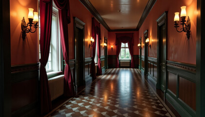 Halloween background. Old eerie mansion hallway with vintage decor and horror atmosphere