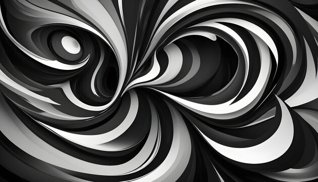 Black and white abstract swirl creates a striking design with flowing curves and shapes.