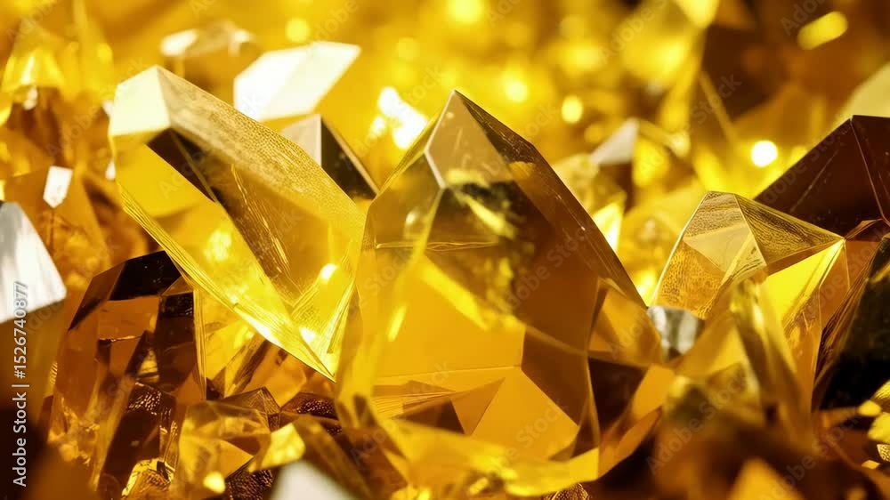 Poster abstract close-up of many angular, shimmering, amber-colored crystals or gems in a cluster with rich
