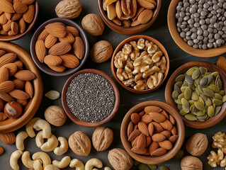 arranged flat lay showcasing a variety of nuts and seeds, emphasizing their natural textures and earthy tones. health and wellness marketing, or packaging for natural food products.