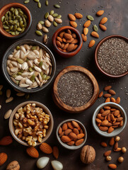 arranged flat lay showcasing a variety of nuts and seeds, emphasizing their natural textures and earthy tones. health and wellness marketing, or packaging for natural food products.