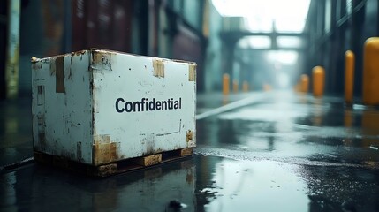 A 'Confidential' box sits on a wet street in a mysterious, industrial setting.