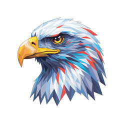 
Highly stylized vector illustration of an eagle head in profile, composed of geometric shapes in white, blue, and red, with yellow beak and intense eye. Modern,
