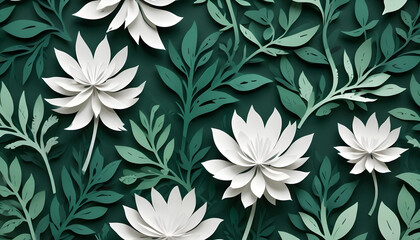 Paper art design with white flowers and green leaves, forming a seamless pattern.
