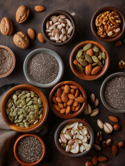 arranged flat lay showcasing a variety of nuts and seeds, emphasizing their natural textures and earthy tones. health and wellness marketing, or packaging for natural food products.