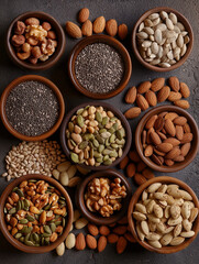 arranged flat lay showcasing a variety of nuts and seeds, emphasizing their natural textures and earthy tones. health and wellness marketing, or packaging for natural food products.