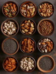 arranged flat lay showcasing a variety of nuts and seeds, emphasizing their natural textures and earthy tones. health and wellness marketing, or packaging for natural food products.