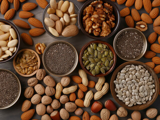 arranged flat lay showcasing a variety of nuts and seeds, emphasizing their natural textures and earthy tones. health and wellness marketing, or packaging for natural food products.