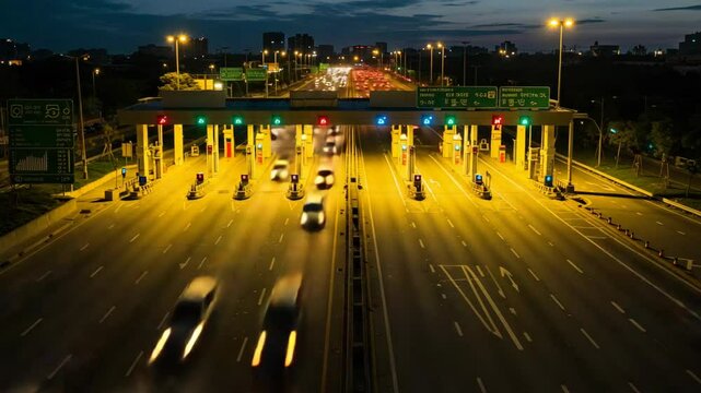 Cars driving through a toll booth on a highway at dusk with city skyline.