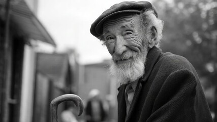 A smiling elderly man poses for a black and white portrait in an urban setting. - Powered by Adobe