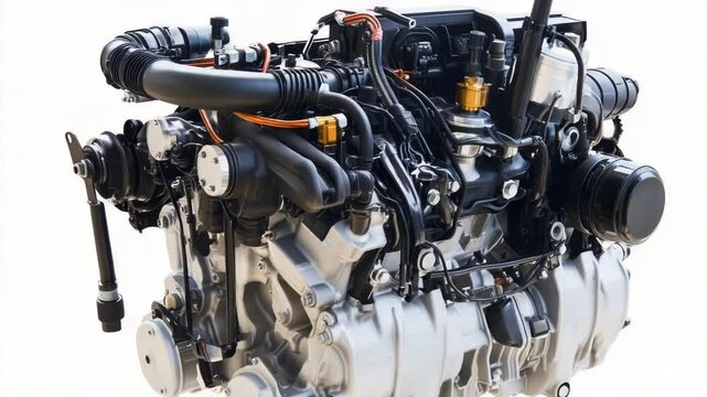 A detailed view of a motorcycle engine on a white background, suitable for use in articles about motor sports or automotive technology.