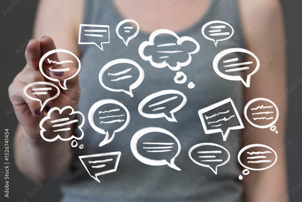Aufkleber Image of a person interacting with speech bubbles,ideal for communication, teamwork, and brainstorming concepts.