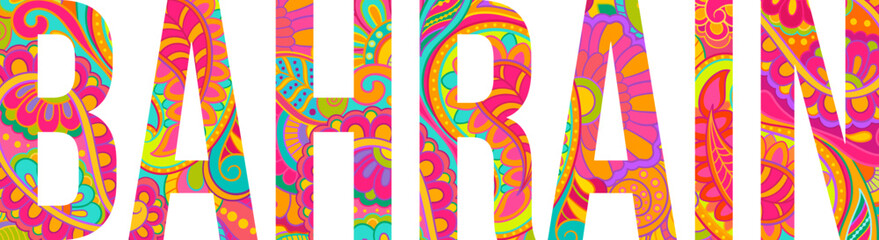 Bahrain abstract country name. Text title filled with multicolor doodle pattern