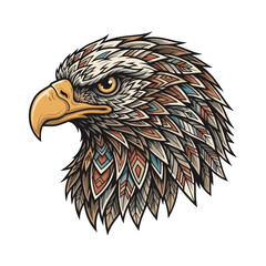 Highly detailed vector illustration of an eagle head in profile, featuring intricate tribal/Native American inspired feather patterns in earthy tones, golden beak, and intense eye. Rich in symbolism.