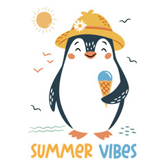 Flat vector illustration in a simple children's style. Cute penguin in summer hat holding ice cream and summer vibe caption . Vector illustration