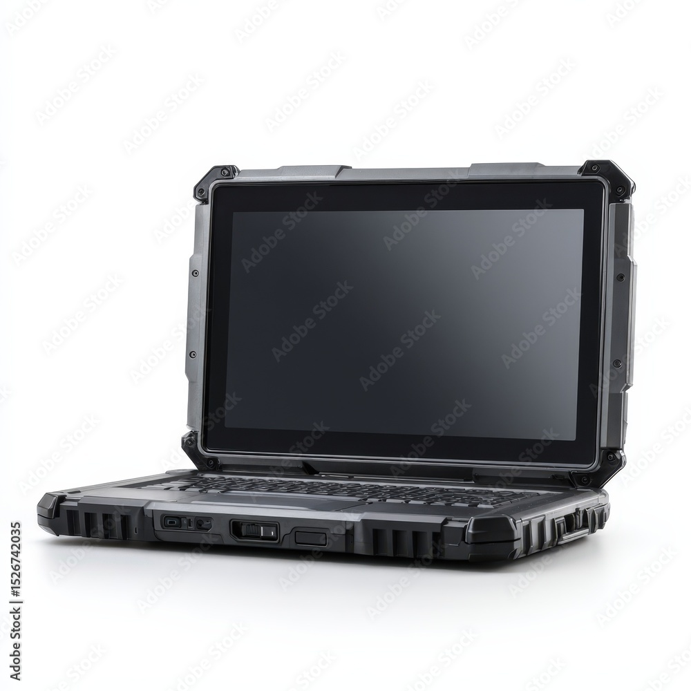 Poster rugged laptop computer open display showing durable design for outdoor use