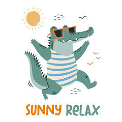 Flat vector illustration in a simple children's style. Cute crocodile in swimming trunks and summer relax caption . Vector illustration