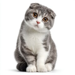 Obraz premium Adorable Scottish Fold Kitten Posing Against White Background A cute grey and white cat sits attentively