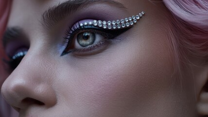 Close-up of young caucasian female with pink hair and bold rhinestone eye makeup
